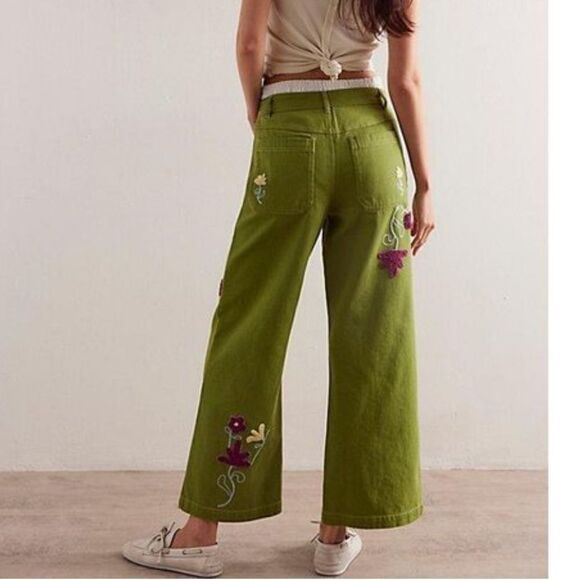 Free People We The Free pants jeans winter bloom embroidered green wide leg 27 - Picture 2 of 10